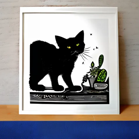 One cute cat，woodcut