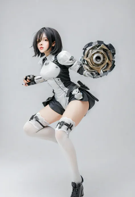 best quality, masterpiece, aesthetic, full-body dynamic pose high quality, 1girl punching, android, (yellow and black) upper armor, mechanical arms, short punk hair, black hair, white background, intense expression, looking at viewer, (simple background:1....