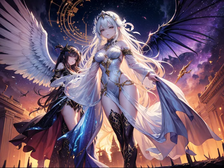 In the ethereal realms beyond, a cosmic battle rages between angels and demons. The scene is filled with intense action and emotions as the forces of light clash with the darkness. The celestial battleground is adorned with magnificent celestial bodies, su...