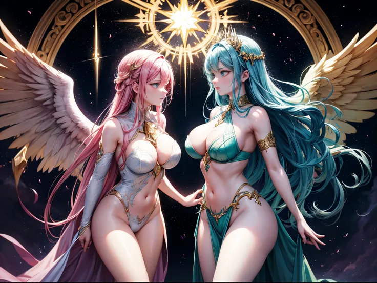 In the ethereal realms beyond, a cosmic battle rages between angels and demons. The scene is filled with intense action and emotions as the forces of light clash with the darkness. The celestial battleground is adorned with magnificent celestial bodies, su...