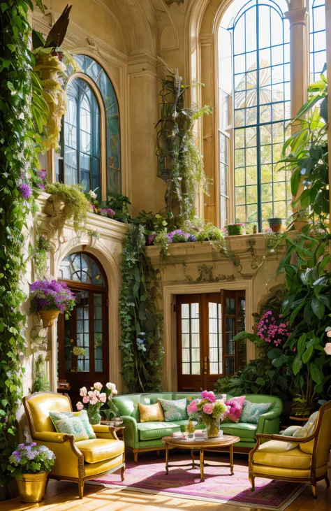 Architectural Digest photo of a maximalist green {vaporwave/steampunk/solarpunk} living room with flowers and plants, golden light, hyperrealistic surrealism, award winning masterpiece with incredible details, epic stunning