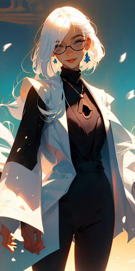 1woman, white hair, bangs covering one eye, white coat, black suit, white pants, mysterious smile, circle glasses