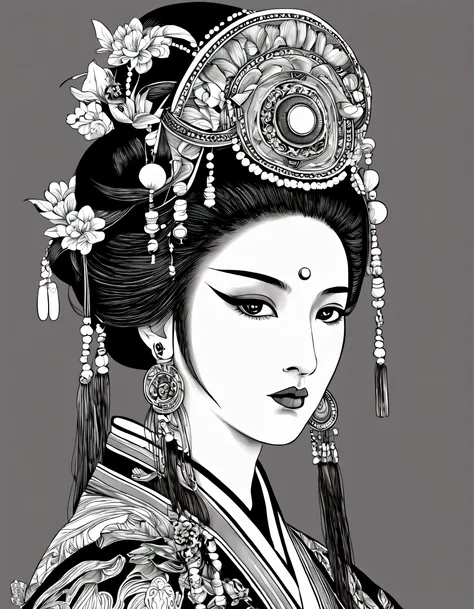 (portrait of the beautiful heroine of chinese kunqu opera）, its beautiful black and white line art ,tmasterpiece,fountain pen ar...