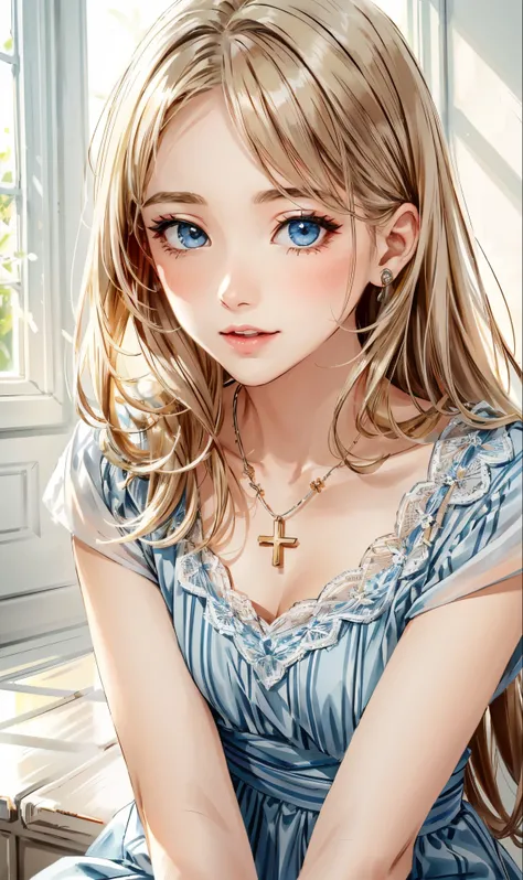 (​masterpiece),(top-quality:1.2),1girl in,(masuter piece:1.3),exquisitedetails, Highest quality 8K resolution, Ultra-detailed, Realistic, Vibrant colors, Soft tones, With warm and gentle lighting,(Smooth straight blonde hair:1.2),(Hair parted in the middle...