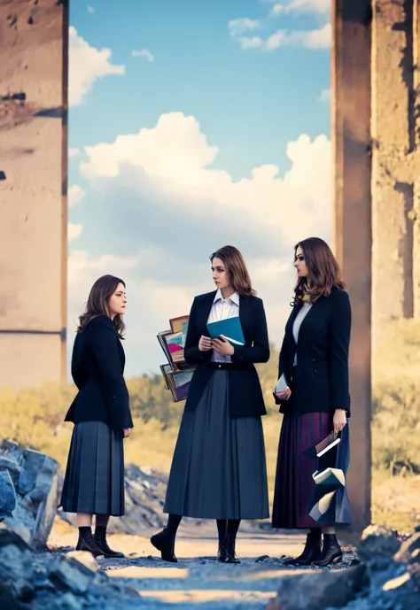 Three women in skirts holding books，, poster shot,