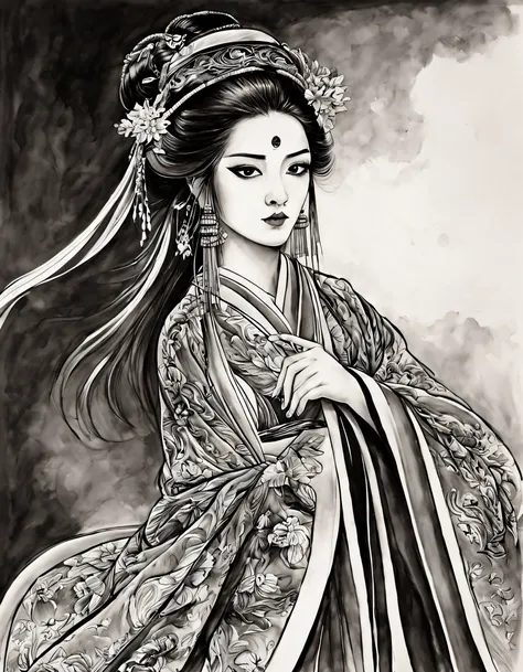 (Portrait of the beautiful heroine of Chinese Kunqu Opera）, Its beautiful black and white line art ,tmasterpiece,Fountain Pen Art,Black and white painting,chinese paintings,character drawing, pencil and ink manga, black and white coloring,Gel Pen,
abstract...