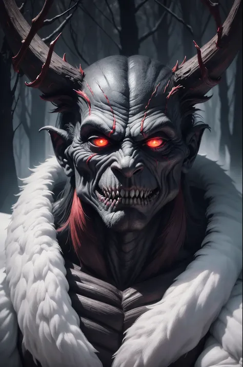 (best quality,4k,8k,highres,masterpiece:1.2),ultra-detailed,(realistic,photorealistic,photo-realistic:1.37),Krampus,horrifying detailed eyes,terrifying detailed face,demonic creature,long horns,sharp teeth,fur-covered body,large hooves,evil grin,red glowin...