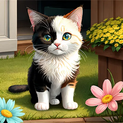 Cartoon cute cat、cute behavior、Background with(In flowers)、The cat&#39;s expression is adorable