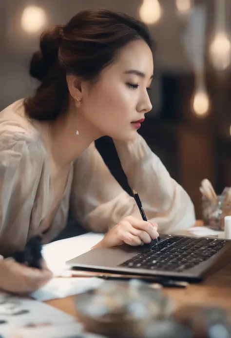 (a girl,Asian face,holding a pen in hand,using Photoshop to paint this watercolor on a 27-inch computer screen,gazing at the monitor,computer graphics,artistic pose),(best quality,4k,8k,highres,masterpiece:1.2),ultra-detailed,(realistic,photorealistic,phot...