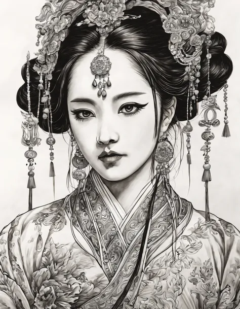 (portrait of the beautiful heroine of chinese kunqu opera）, its beautiful black and white line art ,tmasterpiece,fountain pen ar...