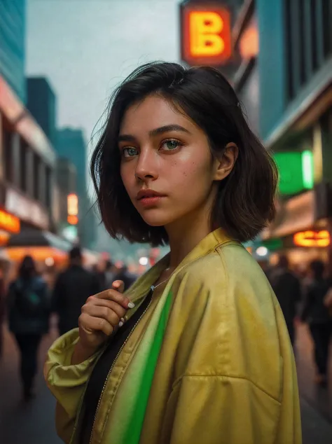 girl in a noisy metropolis, making your way through crowded streets and dark alleys, close up, detailed clothes, Green eyes, floting hair, determined expression, shiny glossy skin, sub-surface Scattering, (Sharp:0.7), [(colorful explosion psychedelic paint...