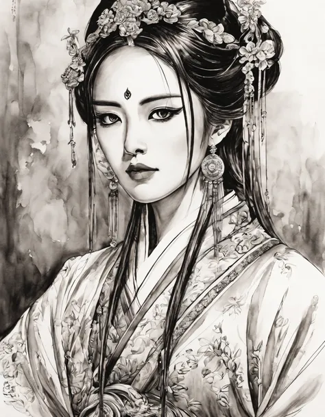 (Portrait of the beautiful heroine of Chinese Kunqu Opera）, Its beautiful black and white line art ,tmasterpiece,Fountain Pen Art,Black and white painting,chinese paintings,character drawing, pencil and ink manga, black and white coloring,Gel Pen,
Abstract...