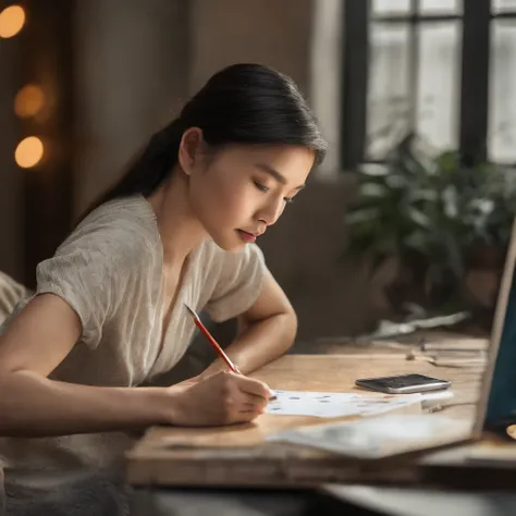 (a girl,Asian face,holding a pen in hand,using Photoshop to paint this watercolor on a 27-inch computer screen,gazing at the monitor,computer graphics,artistic pose),(best quality,4k,8k,highres,masterpiece:1.2),ultra-detailed,(realistic,photorealistic,phot...