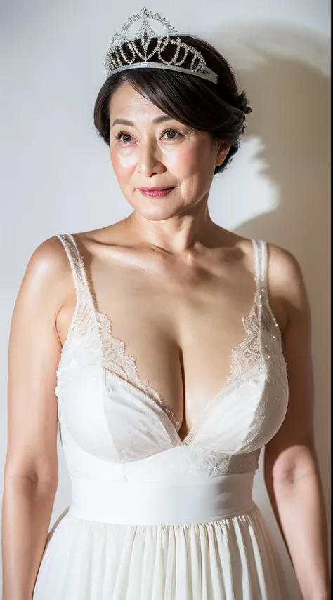 Remove Background, gravure, point of view, Wearing a tiara, from the chest up, masterpiece, Best Quality, Ultra-detailed, Photorealistic, super detailed skin, Perfect Anatomy, (1 japanese mature woman), (Solo), 95 years old, Large breasts, Mature Woman Pol...