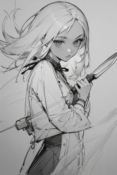 best quality, ultra-detailed, 
(line art:1.2), white-haired girl, knife, 
monochrome, greyscale, sketch, minimalist style, line art background, white background