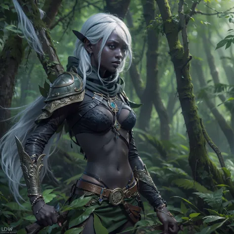 ((realistic, ultra quality, high-definition)), Drow Ranger, 1girl, intricate details, in a forest