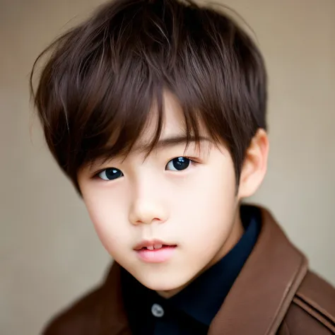 Un adolescente de cabello chocolate claro coreano,with light brown eyes a black coat, guapo hombre y tierno