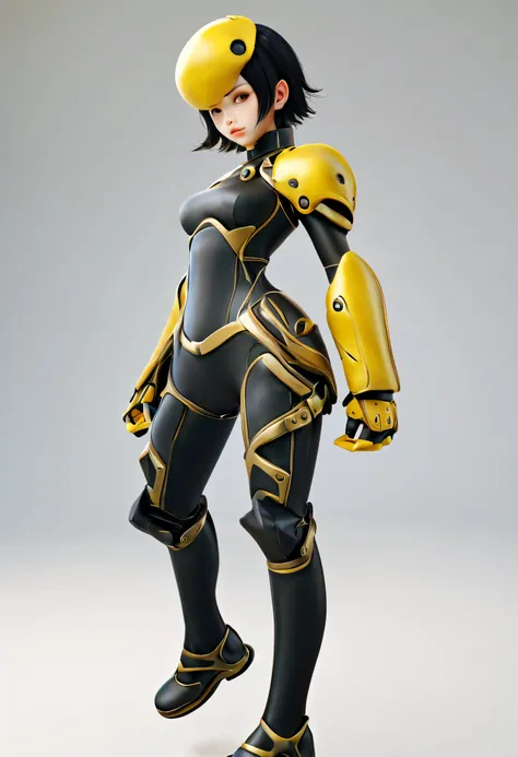 best quality, masterpiece, aesthetic, full-body dynamic pose high quality, 1girl punching, android, (yellow and black) upper armor, mechanical arms, short punk hair, black hair, white background, intense expression, looking at viewer, (simple background:1....