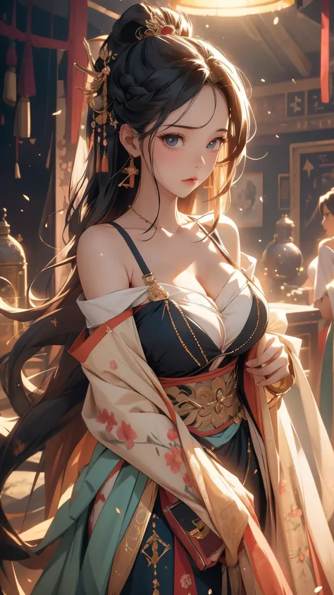 （RAW photos，Best quality），gigantic cleavage breasts，frontal photos，Chopping，(Off-the-shoulder attire)，（realistically，real photograph：1.3 pcs），Best quality，LOP，，The content is very detailed，tmasterpiece、，ultra - detailed，lamplight、，2  girls，（huge boob，Lop），...