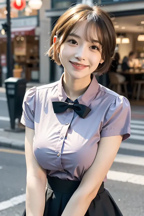 (8K, RAW photo, Best Quality, Masterpiece: 1.2), (Realistic, Photorealistic: 1.37), Ultra HD, 1 girl, Cute, Solo, Beautiful sky, Detailed cafe, Night, Sitting, date, (nose lip), (smile: 1.1), (closed), medium breasts, beautiful eyes, (collared shirt: 1.1),...