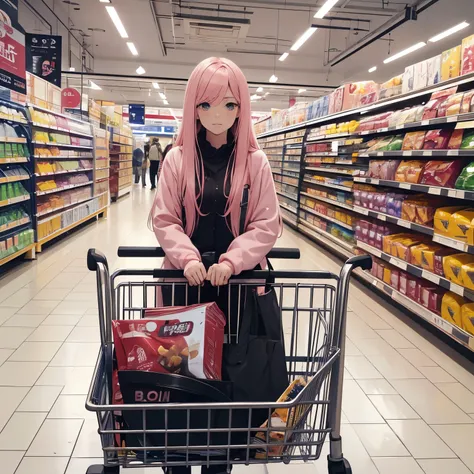 A long pink hair，red color eyes，A woman of about 20 years old，conservativelydressed，Push the trolley，Seems a bit rushed，at supermarket