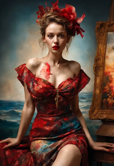 art by Gustave Moreau, Thomas Kinkade, Alberto Seveso, Melanie Delon,
Paul Gauguin, Peter Paul Rubens, Carne Griffiths, woman, extremely realistic,
red lipstick, printed dress, cotton fabric dress, high image quality,
alcohol ink, masterpiece, detailed, sh...