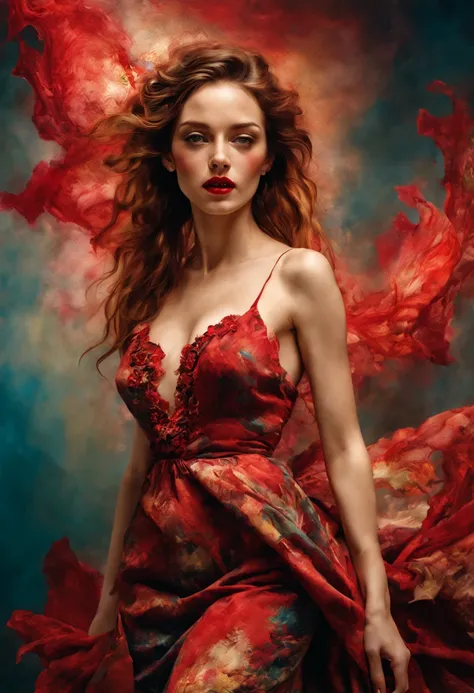 art by Gustave Moreau, Thomas Kinkade, Alberto Seveso, Melanie Delon,
Paul Gauguin, Peter Paul Rubens, Carne Griffiths, woman, extremely realistic,
red lipstick, printed dress, cotton fabric dress, high image quality,
alcohol ink, masterpiece, detailed, sh...