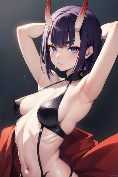 shutendouji, shuten douji, (purple eyes:1.2), earrings, eyeshadow, horns, makeup, oni horns, purple hair, red eyeshadow, short eyebrows, short hair, single earring, teeth, (small breast:1.2),finger on mouth ,
BREAK bare shoulders, collarbone, japanese clot...