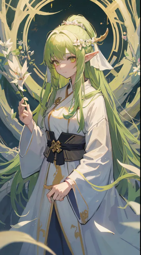 1 Elf Girl, Green long hair, Golden Eyes, White sage robe, She has white flowers on her head and medium