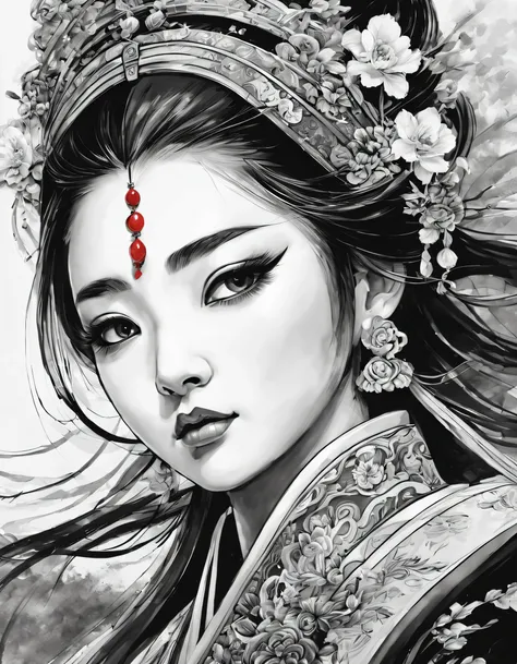 (Portrait of the beautiful heroine of Chinese Kunqu Opera）, Its beautiful black and white line art ,
tmasterpiece,Fountain Pen Art,Black and white painting,chinese paintings,character drawing, crayon art，illuminations，comic strip, black and white coloring,...