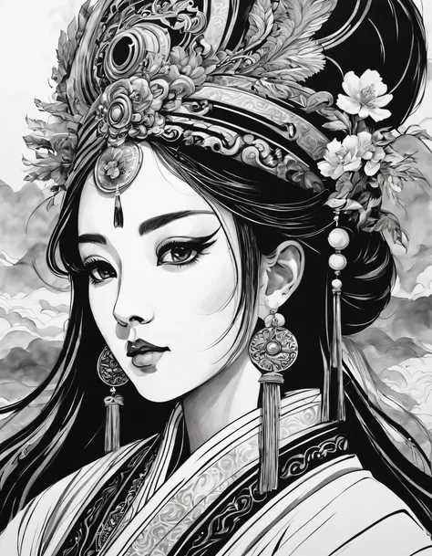 (Portrait of the beautiful heroine of Chinese Kunqu Opera）, Its beautiful black and white line art ,
tmasterpiece,Fountain Pen Art,Black and white painting,chinese paintings,character drawing, crayon art，illuminations，comic strip, black and white coloring,...