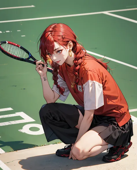 Thai girl, student, wearing a black tennis skirt, red hair, braids, diamond earrings, a small gold necklace. Squatting with legs apart