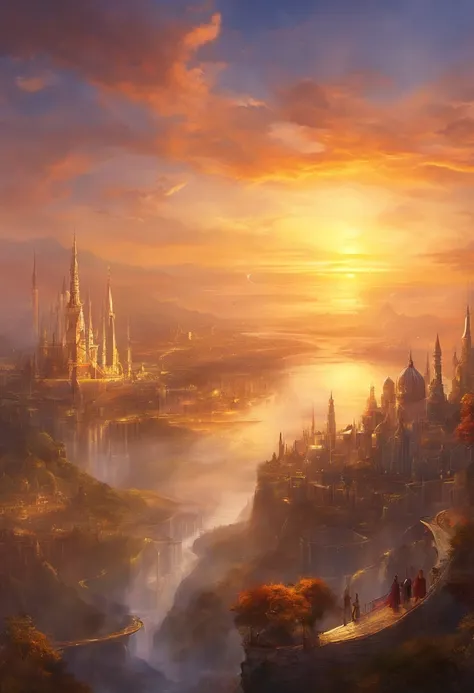 A golden sunset over a luminal, golden, city in heaven.