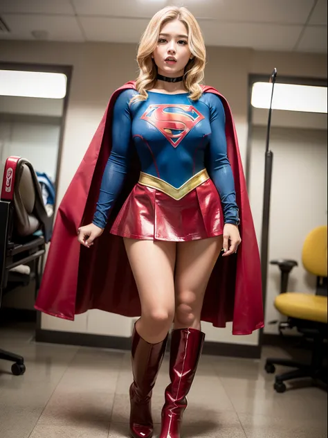 ​masterpiece,Short-haired supergirl spreading her thighs on a hospital operating table、large full breasts、Looking at the camera、Glossy enamel costume、Glossy red enamel long boots、Shiny red skirt、a choker、Glimpse、Fluttering cloak、seduces、sexypose、shame、Insu...