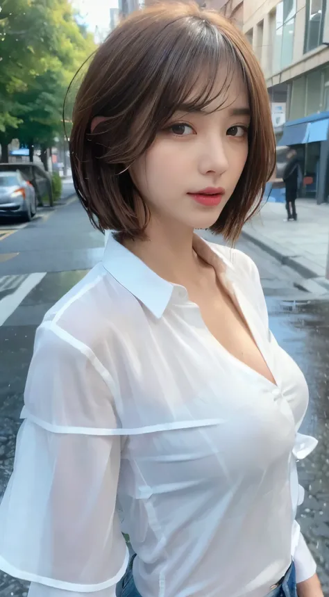 ((Best quality, 8k, Masterpiece :1.3)), Sharp focus :1.2, A pretty woman with perfect figure :1.4, Slender abs :1.2, ((Layered haircut, Big breasts :1.2)), (Wet thin button up long shirt :1.1), (Rain, Street:1.2), Wet body :1.1, Highly detailed face and sk...