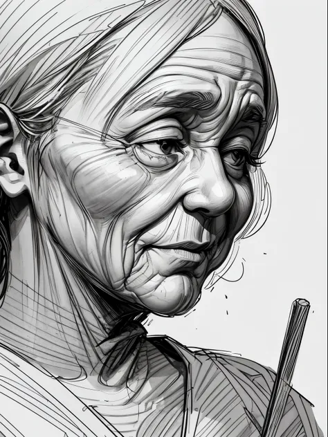 Line drawing background, white backgrounid, Mono Color, a line drawing, ((a sketch)), A wrinkled old woman，