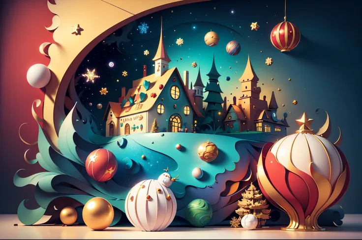 abstract surrealism art, 3d animated, colorful, octane render abstract,interplanetary, Fantasy, Unconstrained style, snowman, gingerbread house, a theatre backdrop christmas holiday scene, cute funny, fine artchristmas, party, gift box, luxury, texture, re...