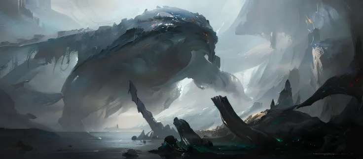 There is a huge creature standing in the water, dramatic concept art, noah bradley concept art, giant ethereal creature, Fantasy concept painting, by Ruan Jia, environment concept art, concept art painting, epic digital concept art, high resolution concept...