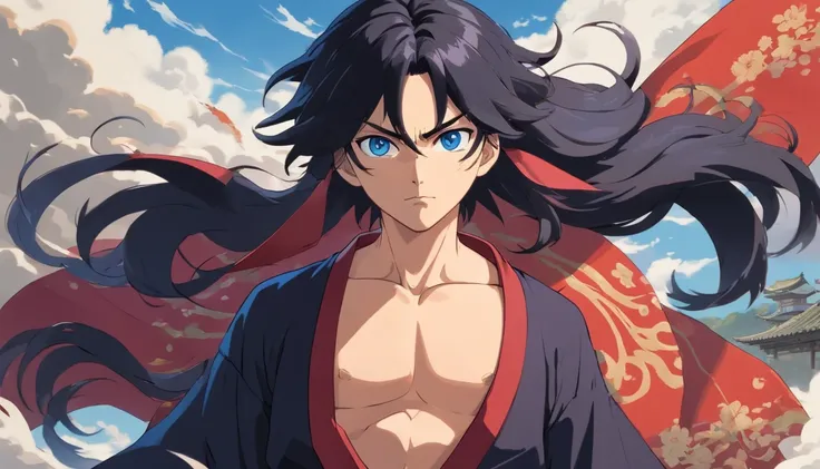 strong man protagonist, scar on face, black kimono clothing with zigzag patterns, haori over the top of kimono, black katana by waist, blue eyes, black hair ((middle parted hair)), karate