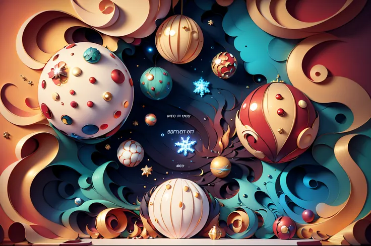 abstract surrealism art, 3d animated, colorful, octane render abstract,interplanetary, Fantasy, snowman, gingerbread house, a theatre backdrop christmas holiday scene, cute funny, fine artchristmas, party, gift box, luxury, texture, red, green, gold, metal...