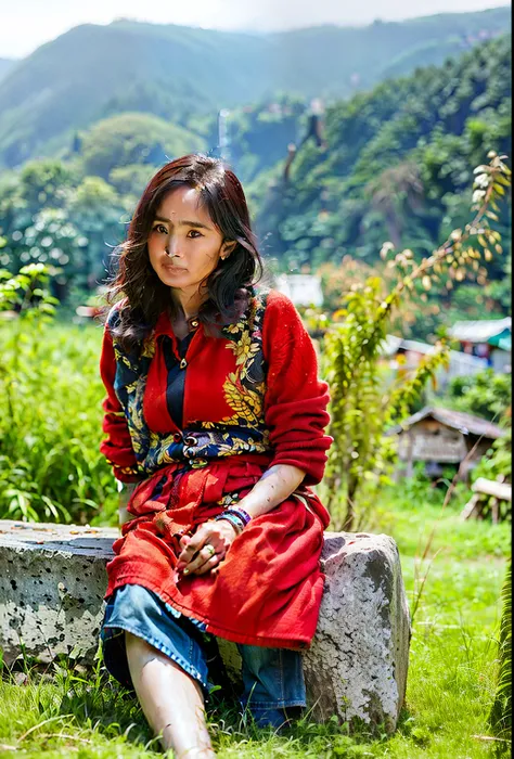 there is a woman sitting on a bench in the grass, amidst nature, portait image, assamese aesthetic, young himalayan woman, nivanh chanthara, in front of a forest background, full body photogenic shot, photo taken with nikon d750, photo taken with nikon d 7...