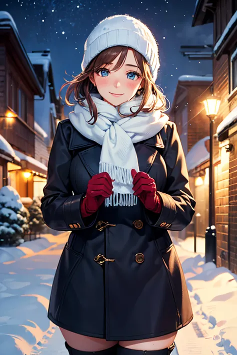 (High quality, High resolution, Fine details), Realistic, woman in winter clothing, illuminated street, falling snow, cozy atmosphere, snow-covered trees, golden light, deep shadows, winter fashion, bokeh, warm gloves, collar up, heavy coat, soft scarf, fa...