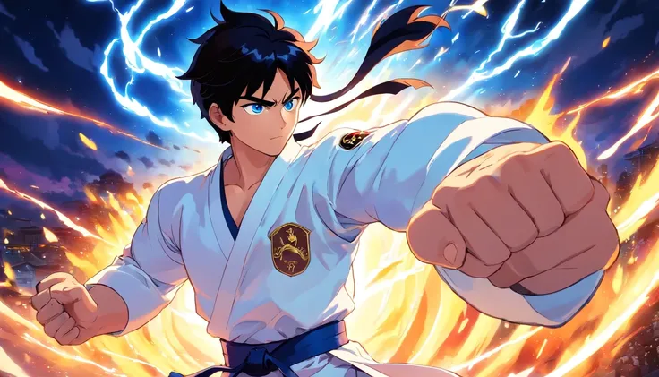 strong man protagonist, scar on cheek, taekwondo master, white taekwondo uniform, lightning punch, black hair, blue eyes