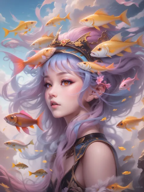 （tmasterpiece，Official artistic aesthetics）。an oil painting，Fantasyart，sky picture above, （cloud goddess：1.37, eyes with brightness，with pink hair，Delicatemakeup，Glowing skin，Harnes，gossamer，Schools of fish surround her：1.37），，Guviz-style artwork, fantasy ...