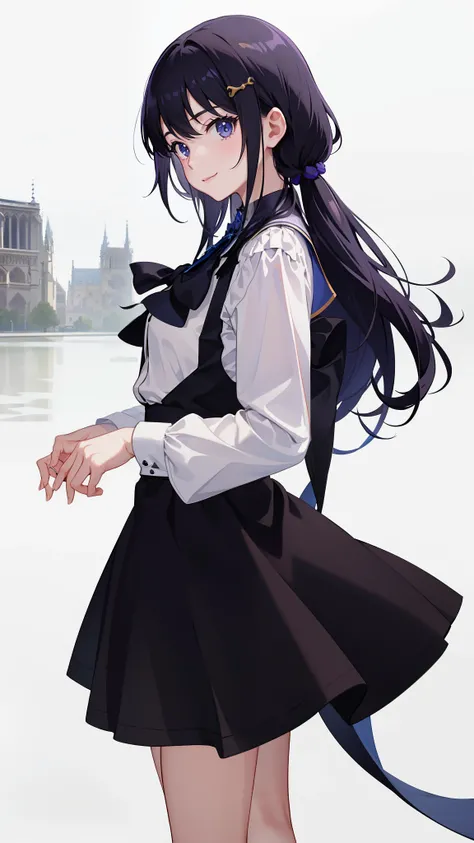 1girl in、notre dame、notre dame、imagem 4k、A smile、The shirt、Blouse、（paler）skirt by the、poneyTail、（small tits）Chilarism、movement、