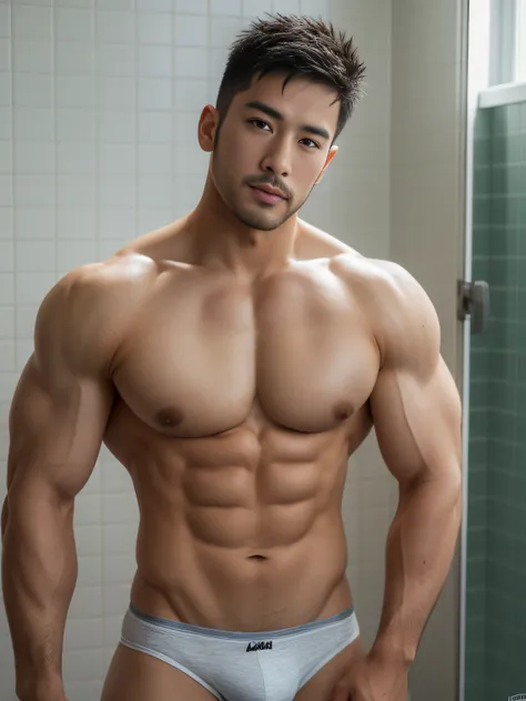 tmasterpiece, Best quality, A sexy handsome Asian muscular man，Have sideburns and stubble，Sideburns and stubble，Hands caressing his chest and nipples,Handsome Asian man with stubble,Short hair details、Handsome Asian muscular man with stubble, bathroom body...