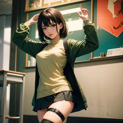 (masutepiece, Best Quality, hight resolution), Arima Kana (oshi no ko), Sian Cur Digan, Sweaters, Dark_Green_Shirt,Miniskirt, Standing, Open open clothes, Solo,