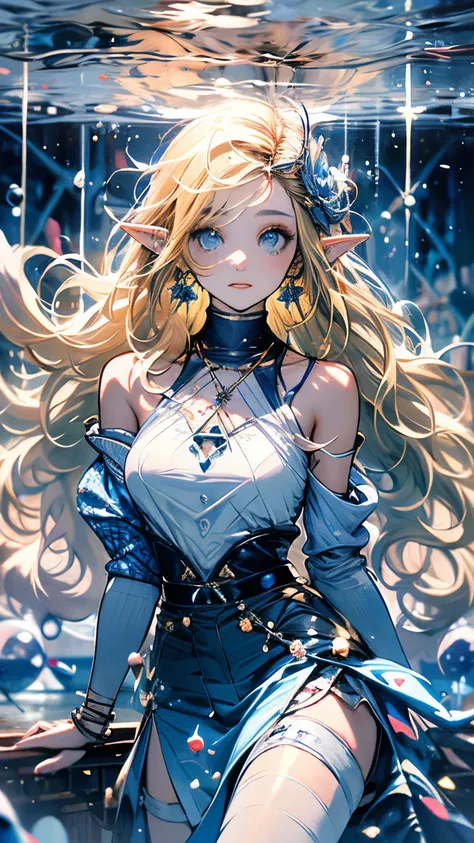 Buble，Rating：safety，air_bubble，under the water，1girll，The fish，long_hair，submerge，独奏，Eau，A princess，blond hairbl，short_sleeves，（Impresionismo：1.4），blue color eyes，elvish ears，zelda，jewely