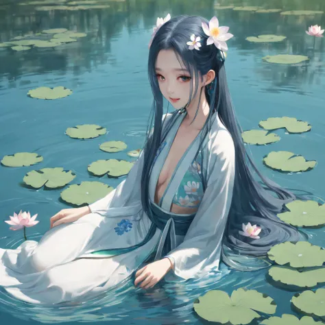 ((4K,tmasterpiece,Best quality at best)), shuimobysim, chinese paintings, lotus flower, Hanfu, maxis kit, clothes open, SWF 1 girls, Alone, blue long hair, ssmile, Permanent, Feet in the water, The barefoot,