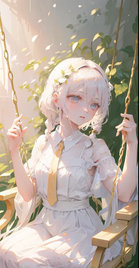 (Extremely delicate, masterpiece, excellent light and shadow, 8K HD wallpaper), white hair, golden eyes, intermittently translucent white clothes, looking at the upper body, lacy hair accessories, pale pink skin, tie at the waist, side braid swing.